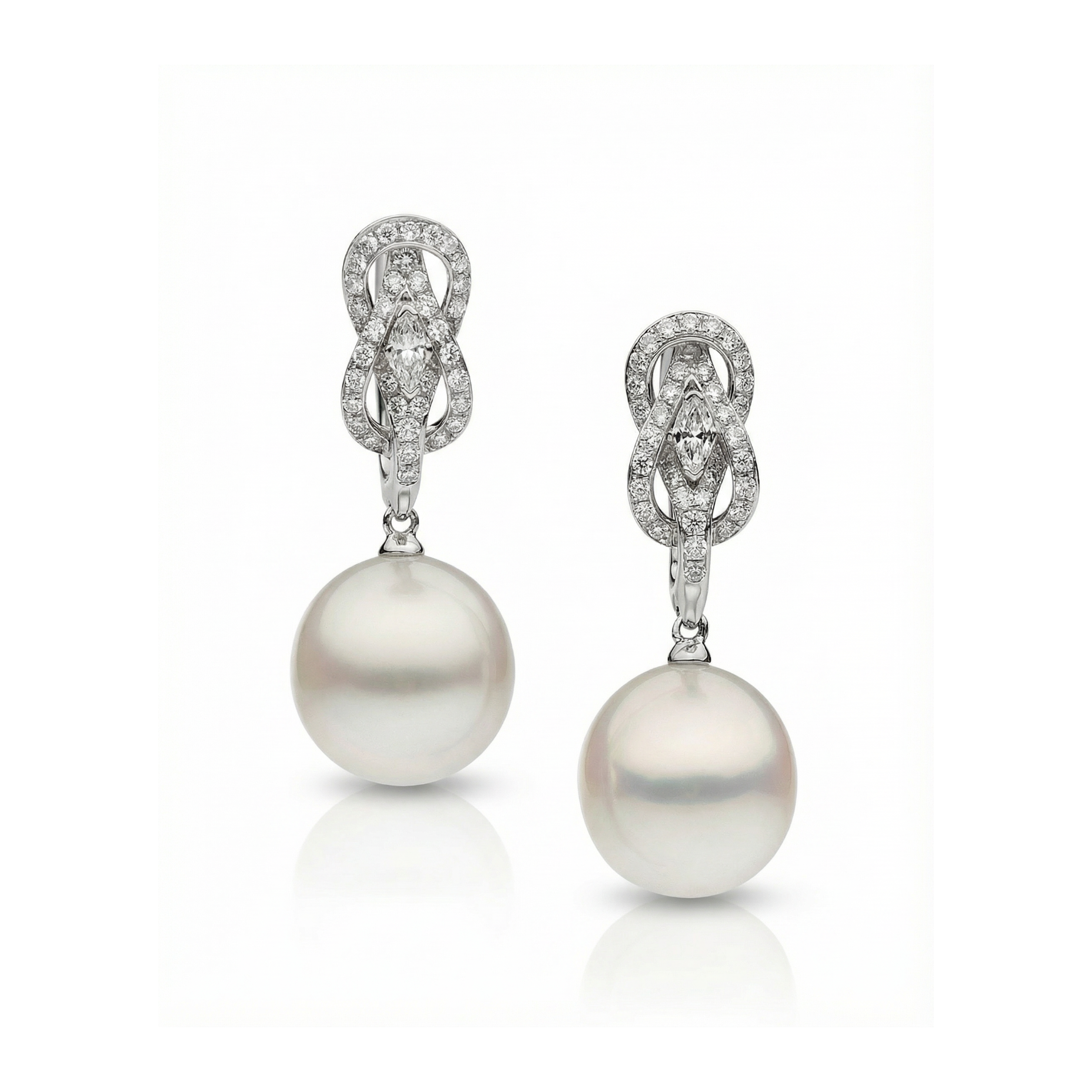 Autore South Sea Pearls set in 18kt white gold white diamond Hercules Knot huggie earrings
