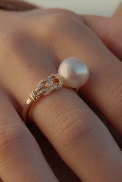 Autore South Sea Pearl Ring set on Rose Gold White Diamond Hercules Knot ring on model