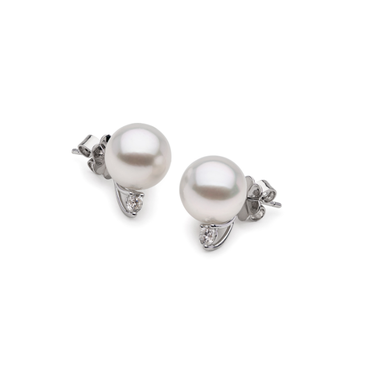 Autore South Sea Pearl set with white diamond in 18kt white gold stud earring.