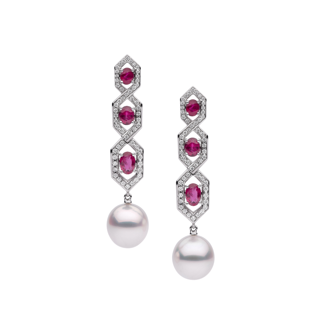 Autore South Sea Pearls set in 18kt white gold white diamond ruby drop earrings