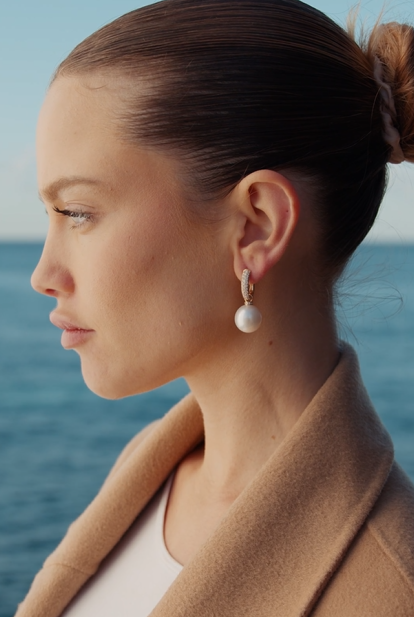 Autore South Sea Pearl on 18kt yellow gold diamond pave earring on model