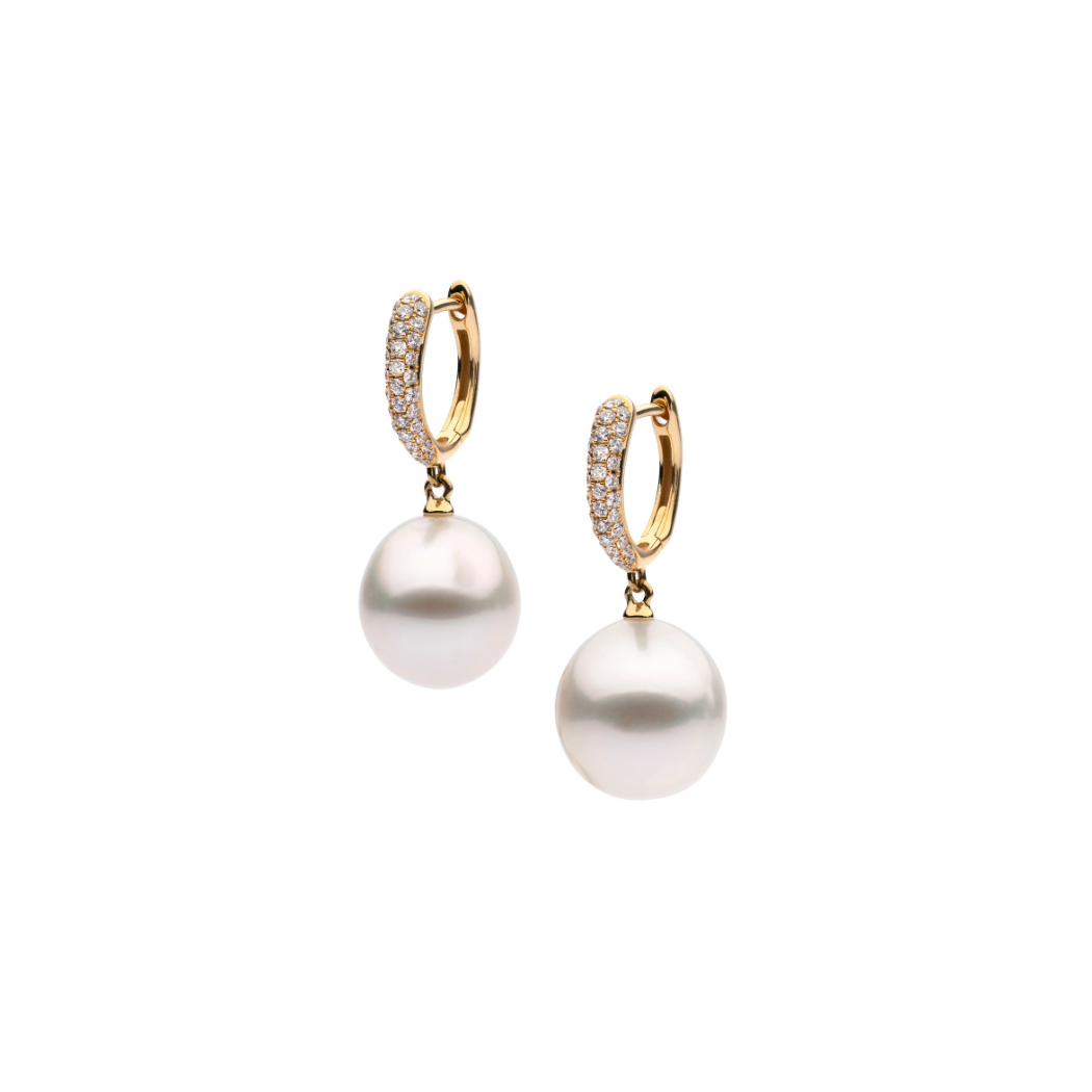Autore South Sea Pearls set in 18kt yellow gold white diamond pave tapered huggies