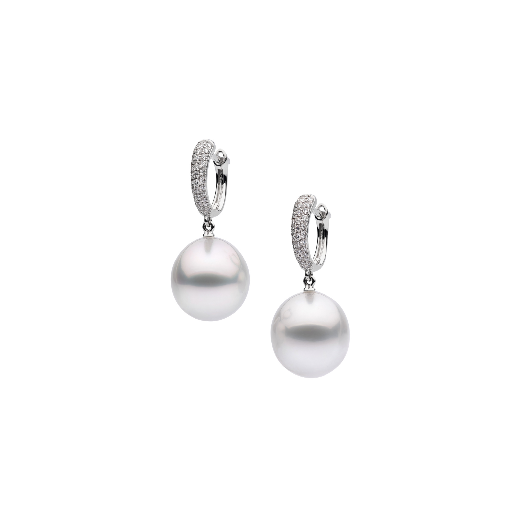 Autore South Sea Pearls set in 18kt white gold and white diamond tapered huggies