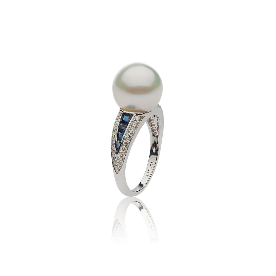 Autore Deco Ring featuring Blue Sapphires, White Diamonds and an Australian South Sea Pearl set on 18kt white gold