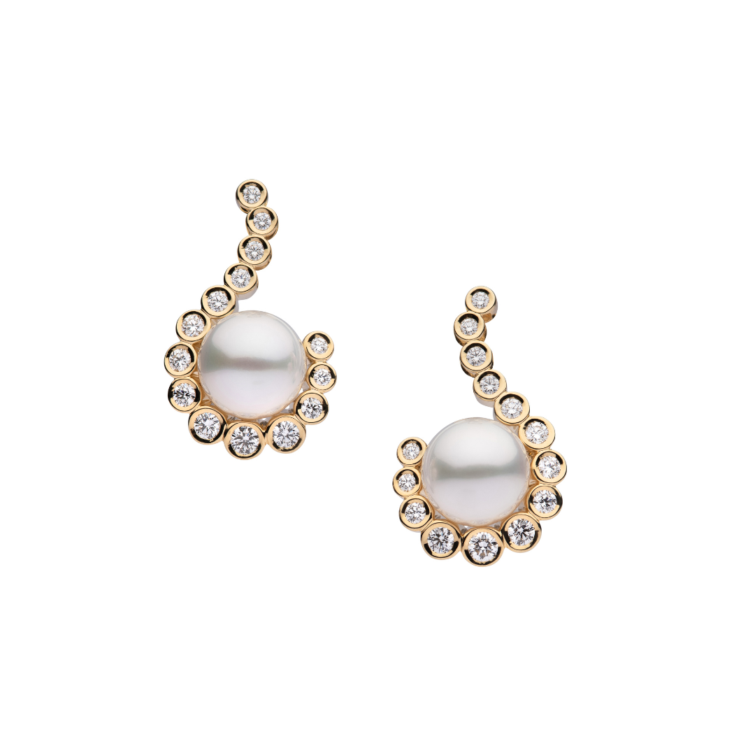 Autore Bezel Twist Earrings featuring white diamonds and Australian South Sea Pearls in 18kt yellow gold
