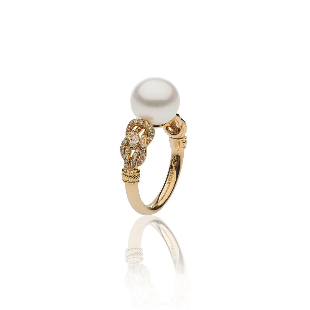 Autore Knot Ring featuring an Australian South Sea Pearl and white diamonds set in 18kt yellow gold