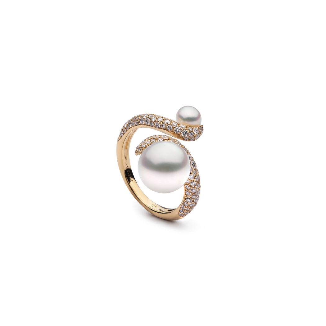 Autore South Sea Pearls set in 18kt yellow gold and white diamond pave in the best-selling Toi et Moi design