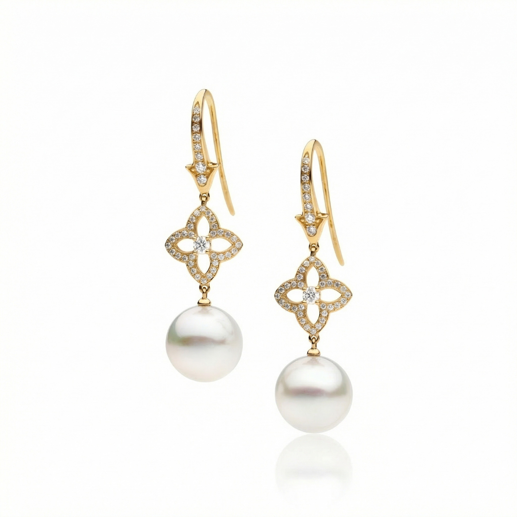 Autore South Sea Pearls set on 18kt yellow gold with white diamond pave Venetian Star motif drop earrings