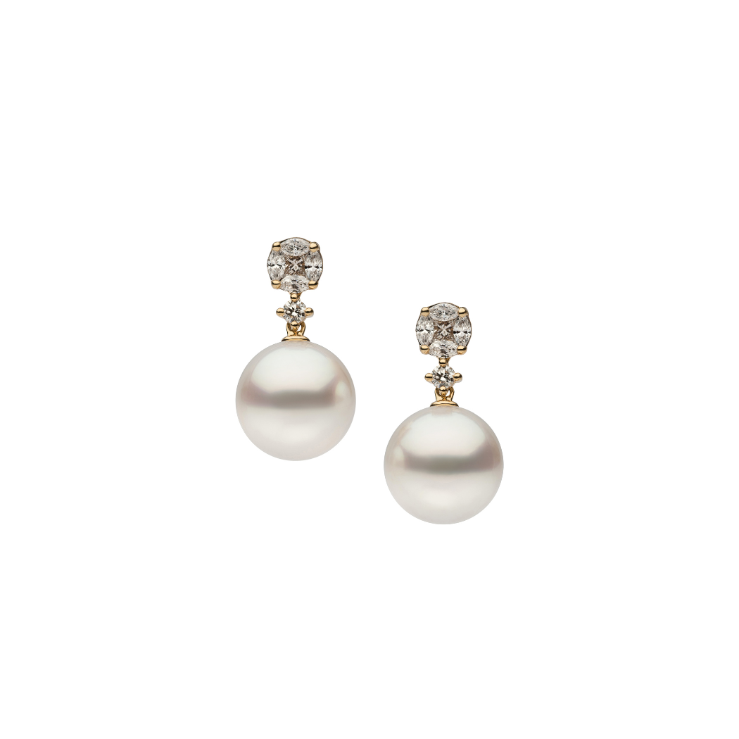 Autore Amore Earring featuring white diamonds and Australian South Sea Pearls set in 18kt Yellow Gold