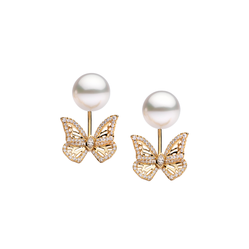 Autore Papillion Stud Earring featuring white diamonds and Australian South Sea Pearls