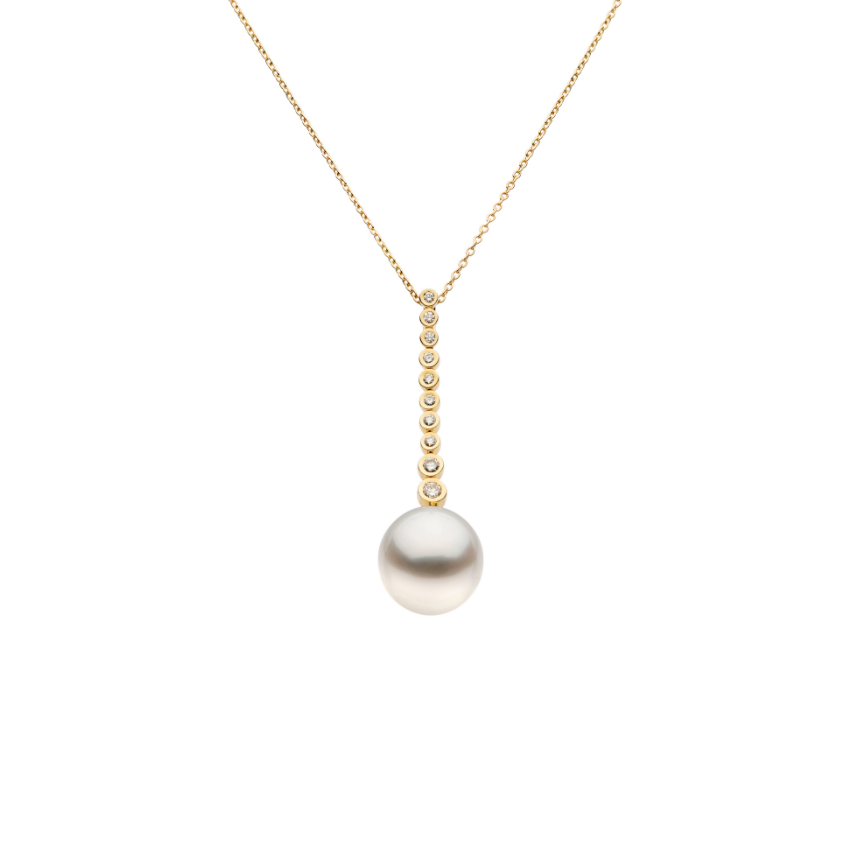 Autore Bezel Pendant Drop necklace featuring white diamonds and Australian South Sea Pearls