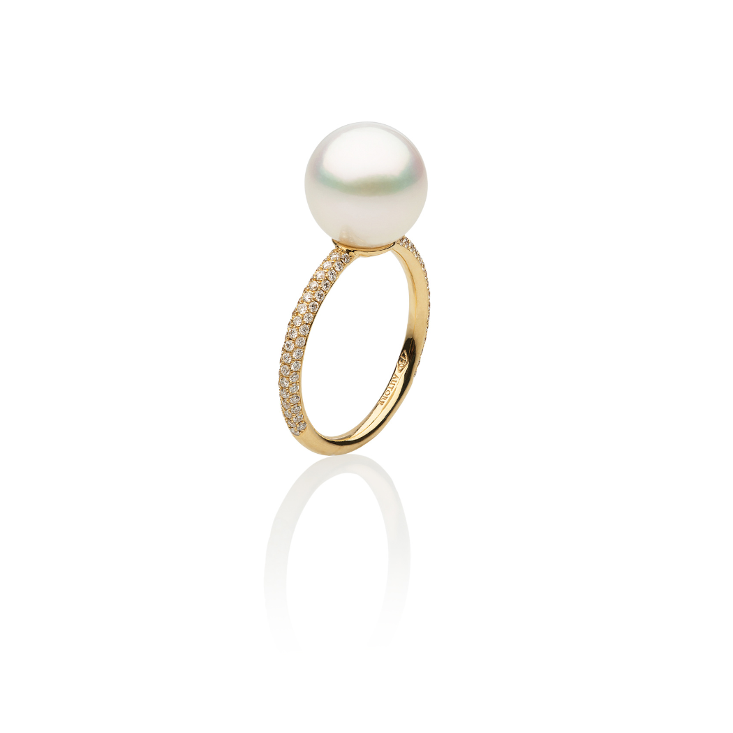Autore South Sea Pearl set in 18kt yellow gold with three rows of white diamond pave
