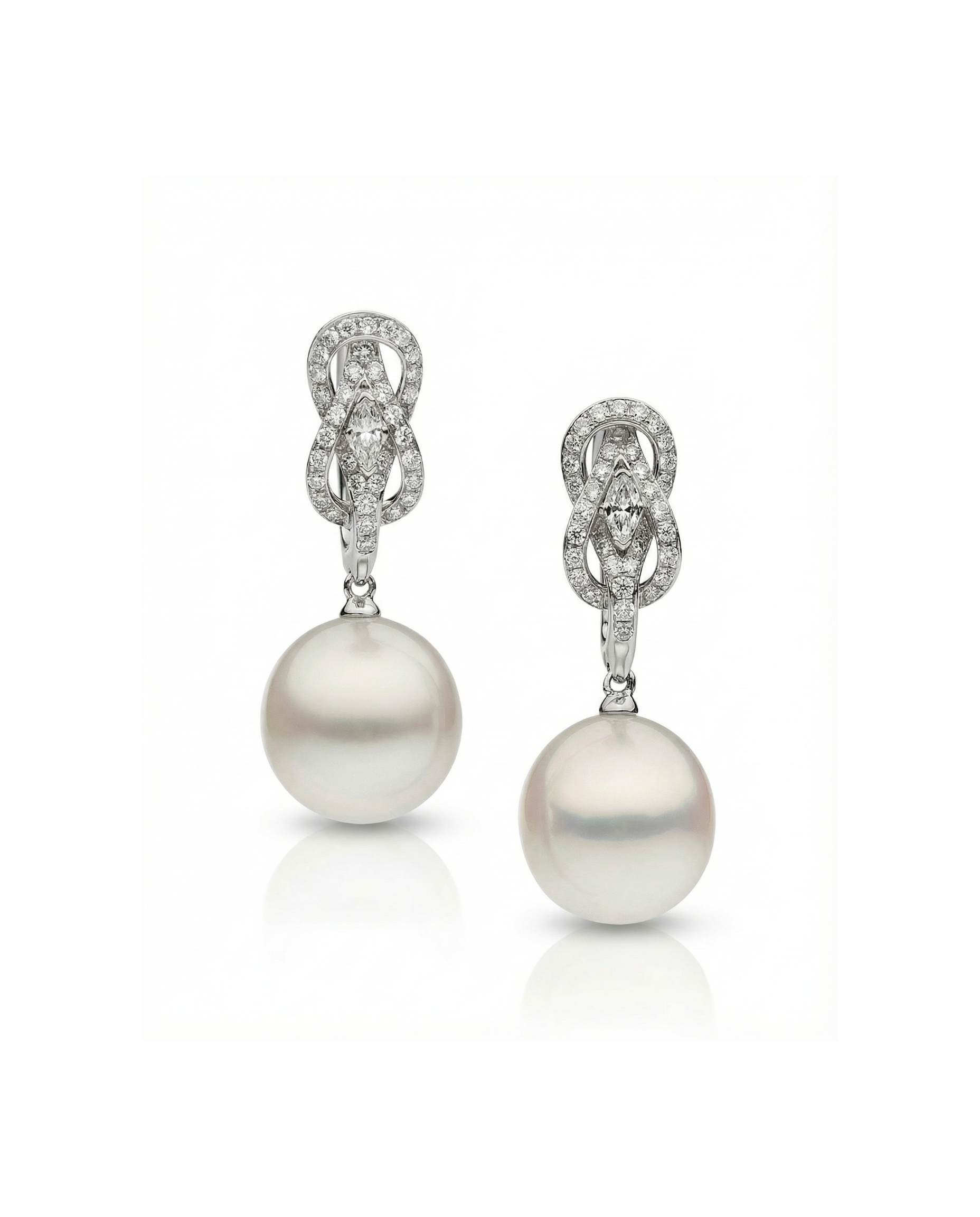 Autore South Sea Pearls set in 18kt white gold white diamond Hercules Knot huggie earrings