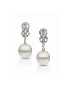 Autore South Sea Pearls set in 18kt white gold white diamond Hercules Knot huggie earrings