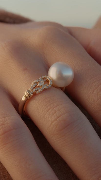 Autore South Sea Pearl Ring set on Rose Gold White Diamond Hercules Knot ring on model