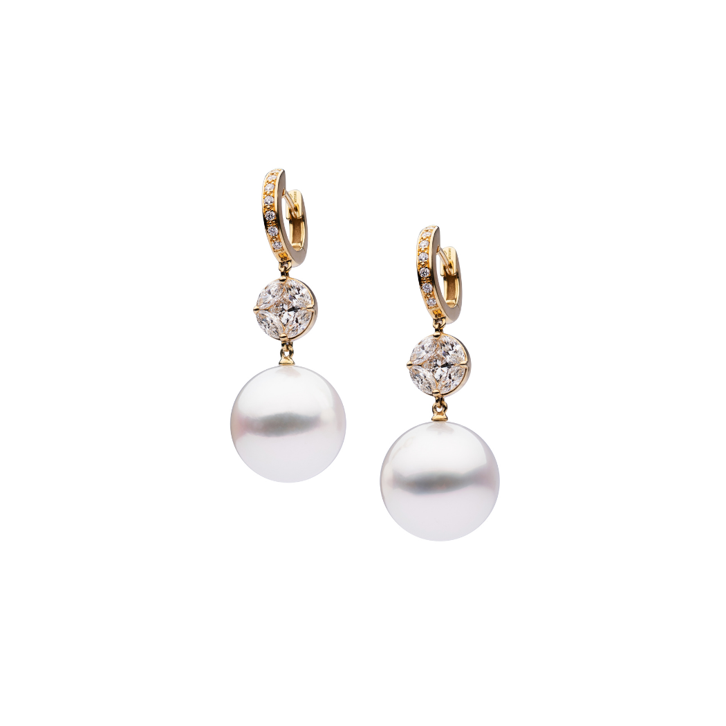 Autore South Sea Pearl on 18kt yellow gold small illusion set white diamond huggies