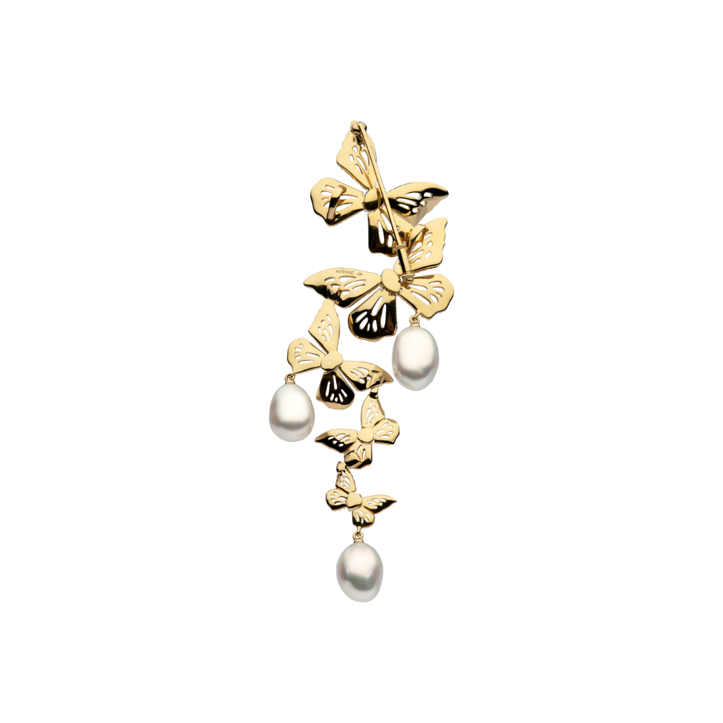 Discover the Autore Papillion Brooch back featuring Keshi South Sea Pearls and Whtite Diamonds set in 18kt yellow gold
