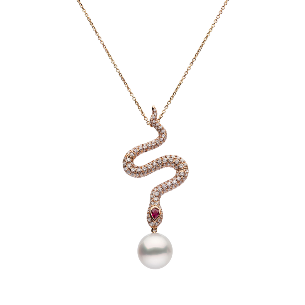 Autore South Sea Pearl set in 18kt rose gold white diamond and ruby pendant necklace