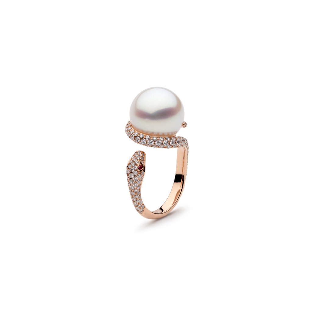Autore South Sea Pearl set in 18kt rose gold with white diamond and ruby eyes ring.