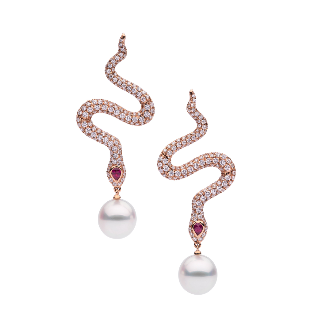 Autore South Sea Pearl featured on these 18kt rose gold Ophidia drop earrings with white diamonds and ruby.
