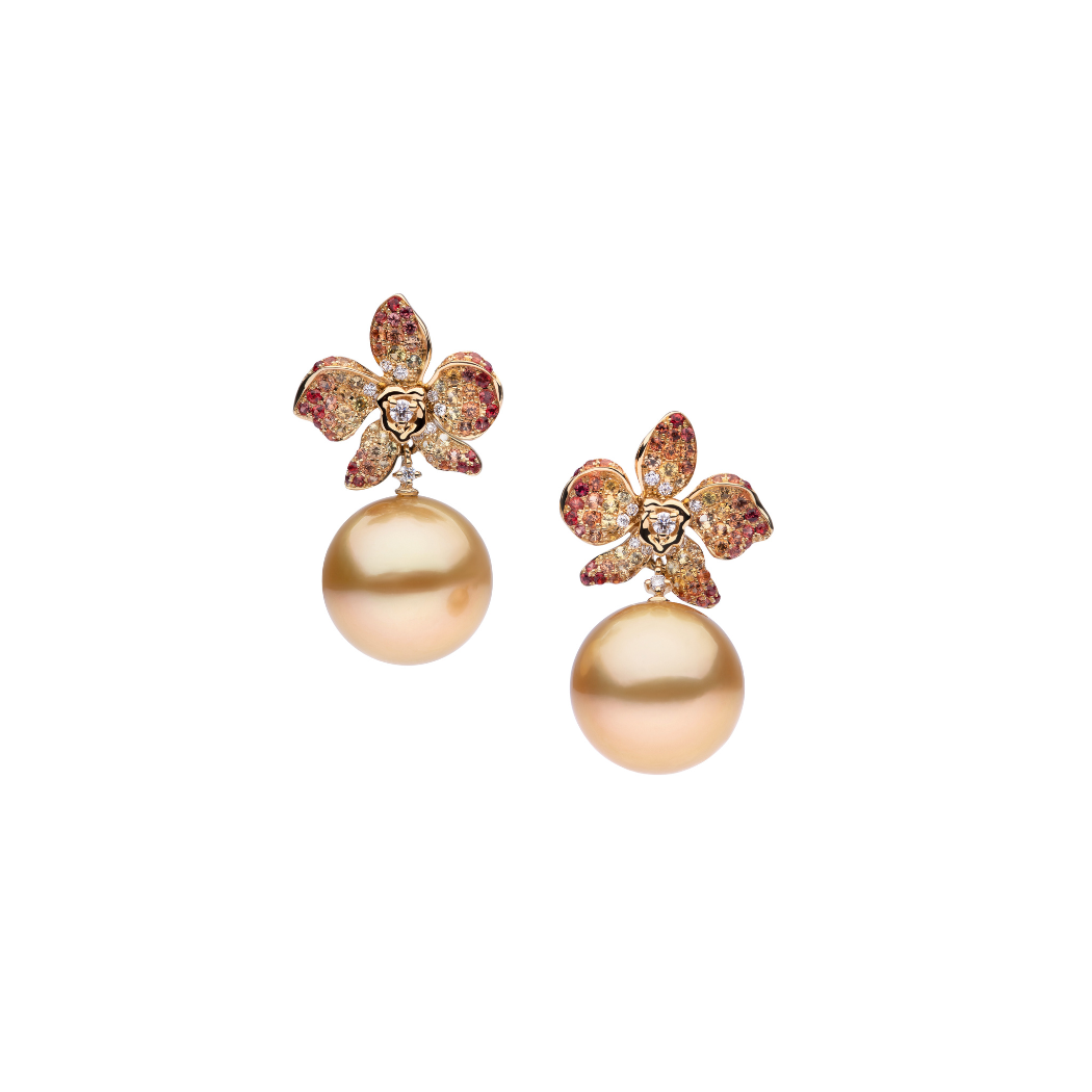 Autore Orchid Earring featuring Orange and Yellow Sapphires, White Diamonds and Golden South Sea Pearl on 18kt Yellow Gold