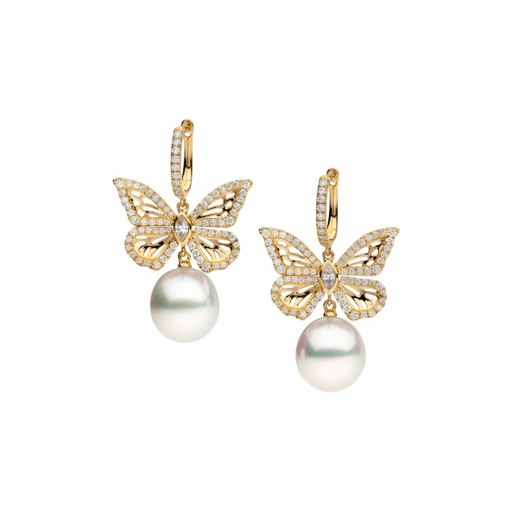 Autore South Sea Pearls set in the Papillion Four Wing White Diamond Huggie Earring