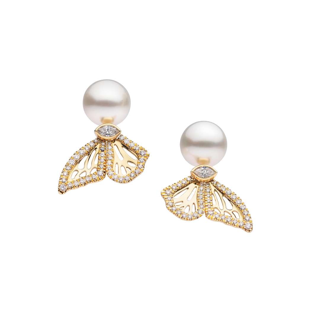 Autore Papillion Winged Stud Earring featuring white diamonds and Australian South Sea Pearls