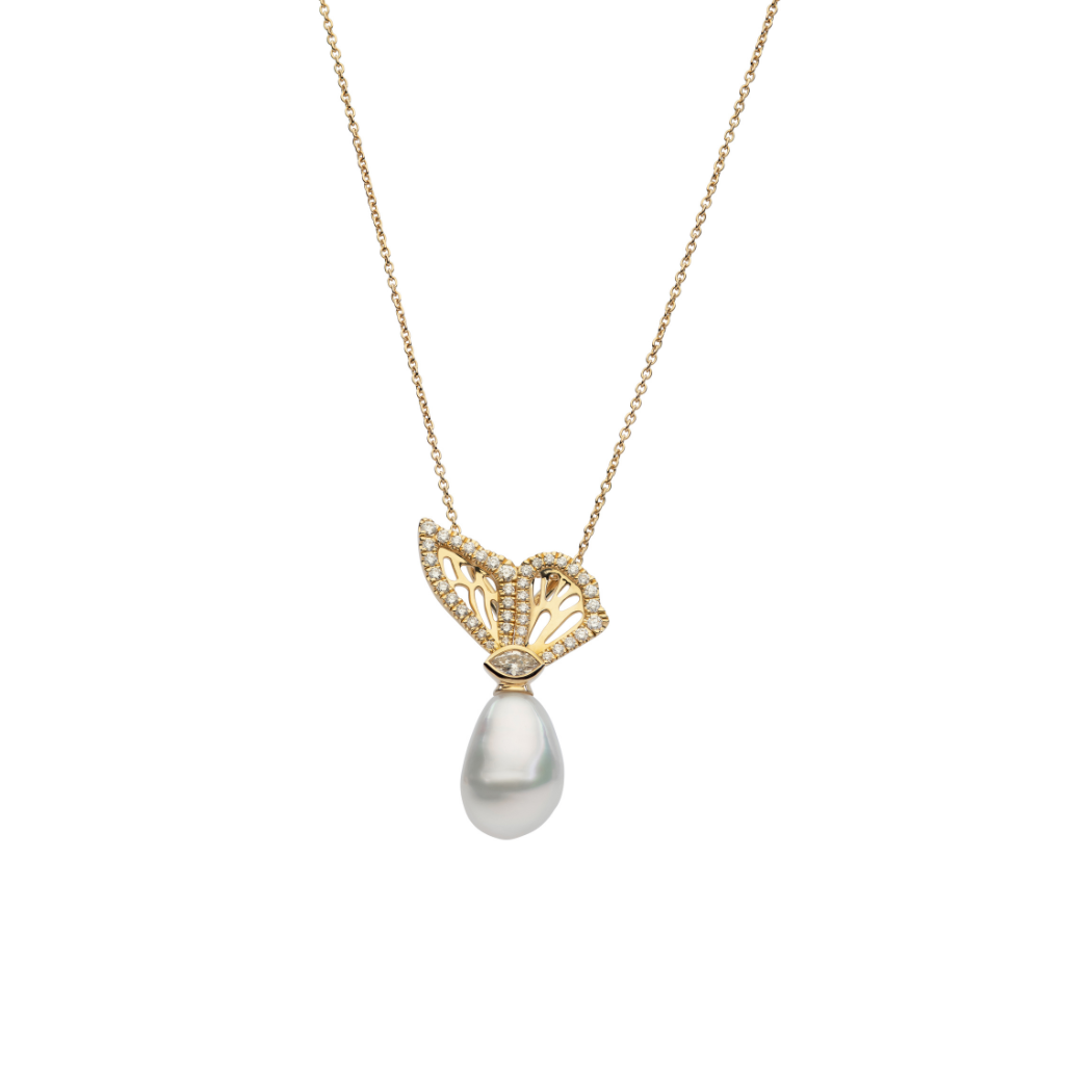 Discover the Autore Winged Pendant featuring a Keshi South Sea Pearl and White Diamonds set in yellow gold