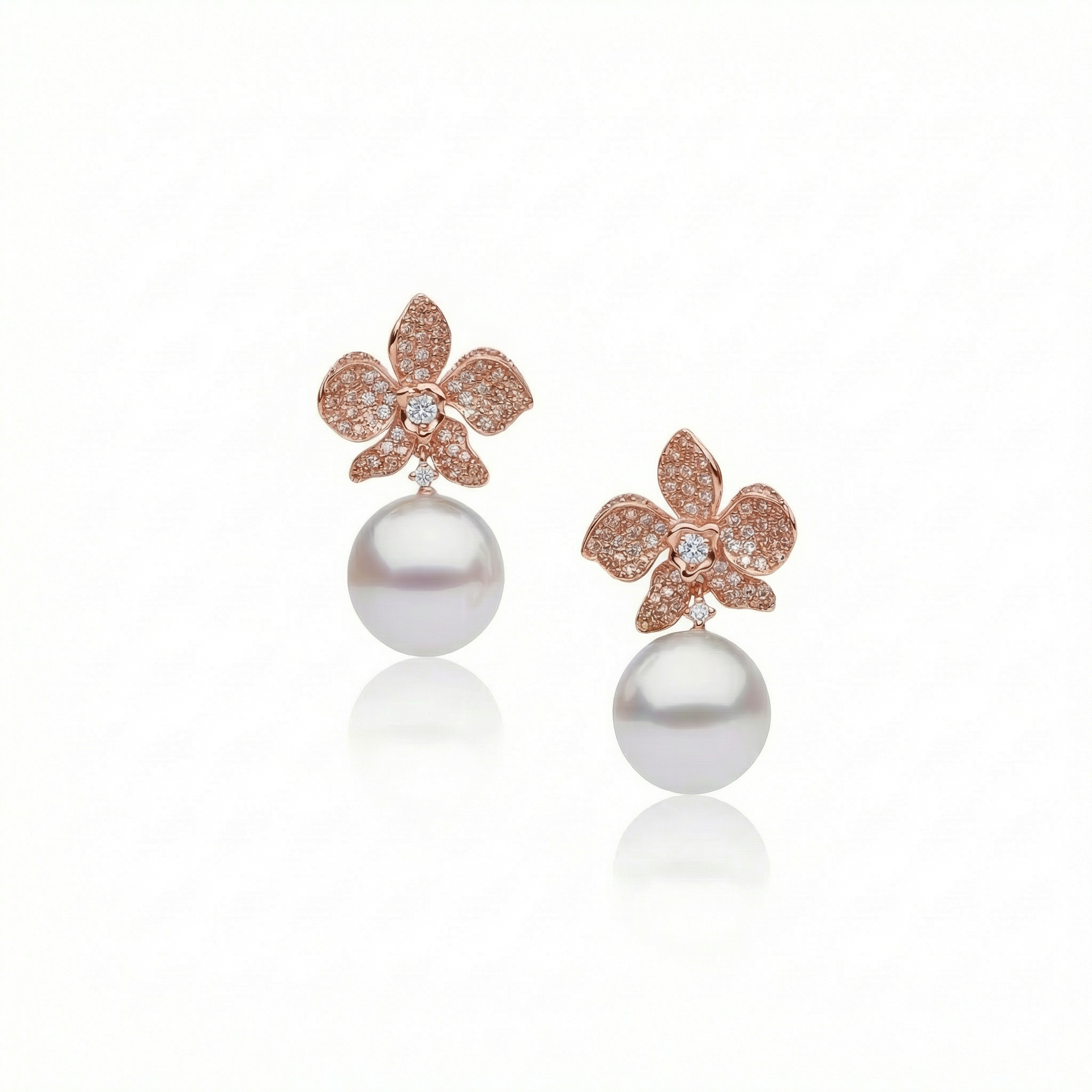 Autore South Sea Pearl set in 18kt rose gold pink diamond Orchid earrings