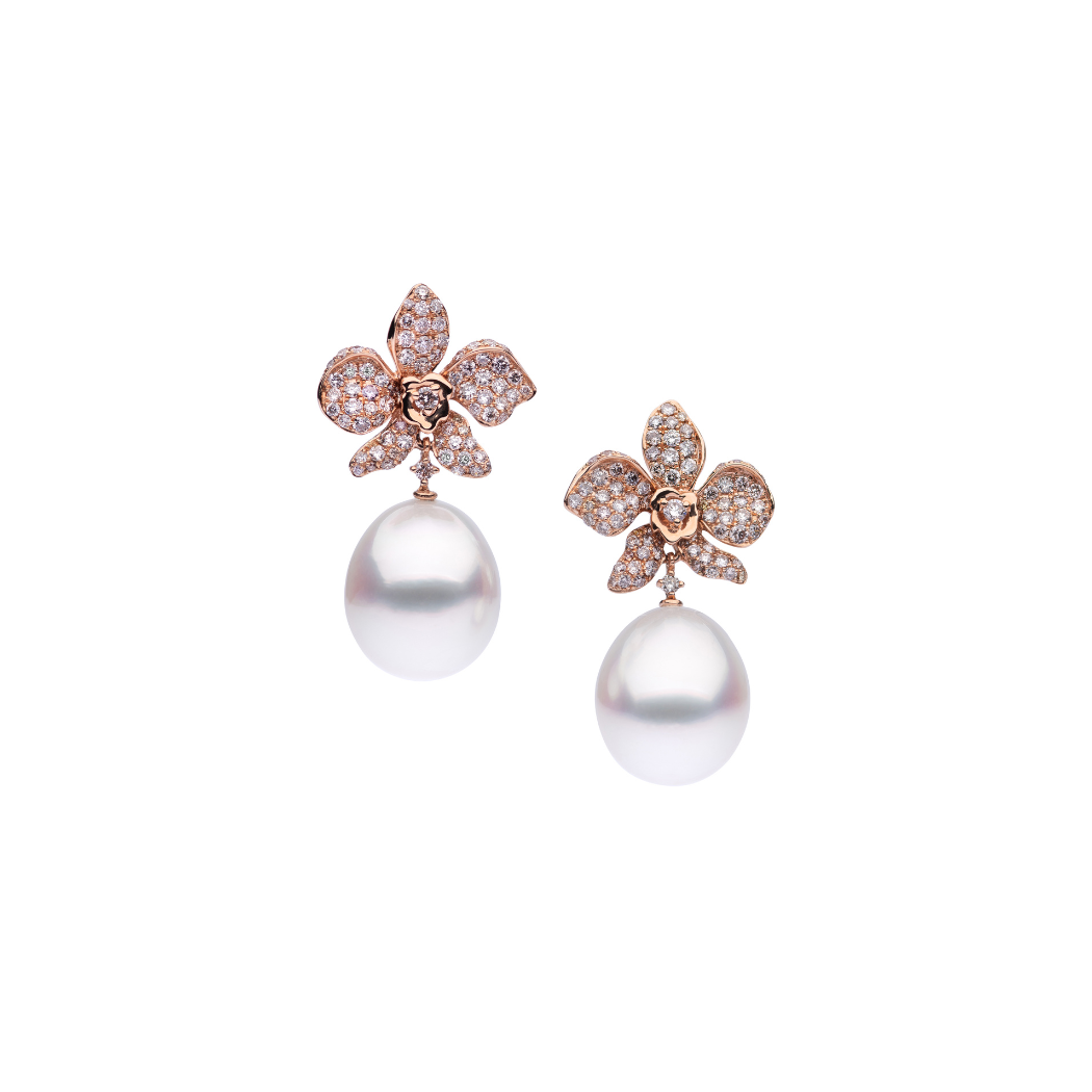 Autore Fine Jewellery 18kt rose gold orchid with pink diamonds earrings with an Australian South Sea Pearl drop