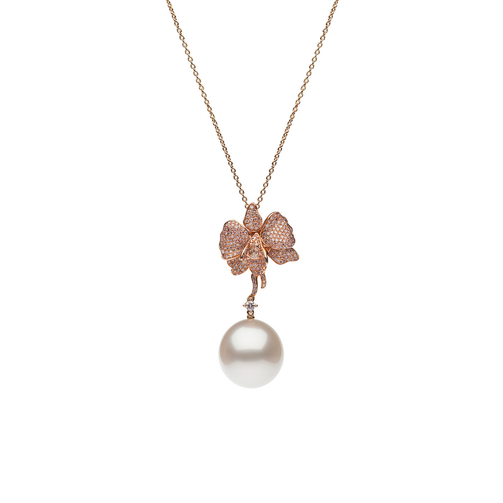Autore Orchid Long Pendant featuring pink diamonds and Australian South Sea Pearl on 18ct rose gold