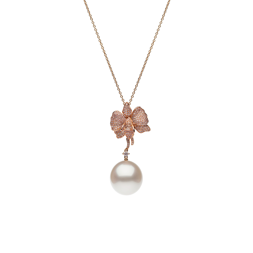 Autore Orchid Long Pendant featuring pink diamonds and Australian South Sea Pearl on 18kt rose gold