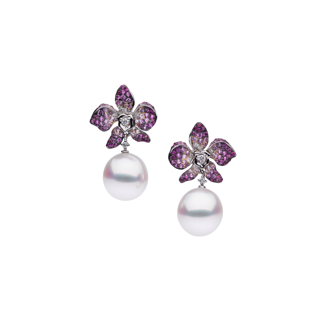 Autore Orchid Drop Earring with Pink Sapphires and white diamonds set on 18kt white gold with anAustralian South Sea Pearl drop