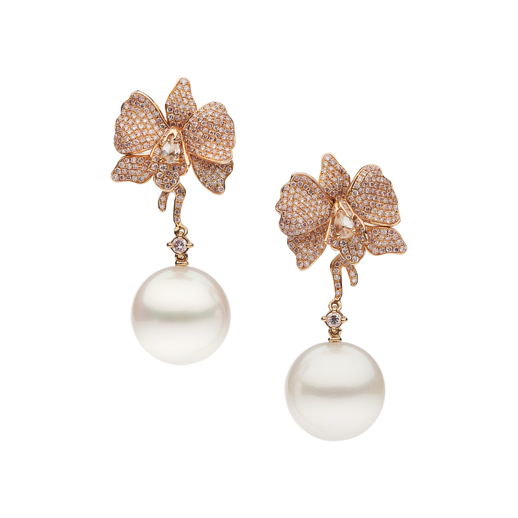 Autore Orchid Long Earring featuring pink and white diamonds and Australian South Sea Pearls set on 18kt rose gold