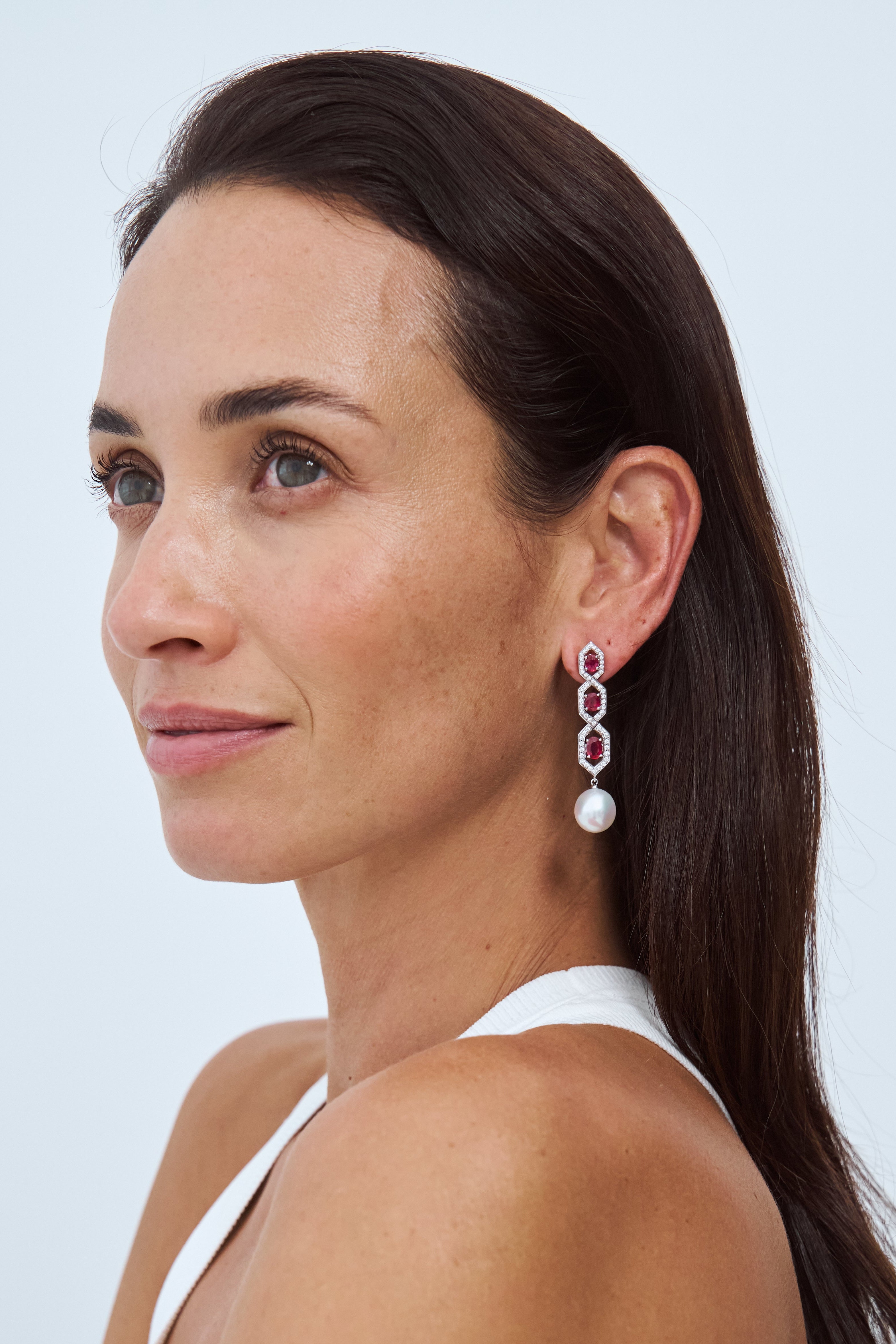 Autore South Sea Pearl set in 18kt white gold white diamond and ruby hexagon drop earrings