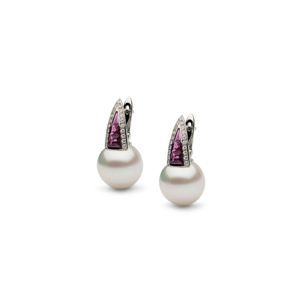 Autore Deco Earrings featuring Rubies and South Sea Pearls set on 18kt white gold