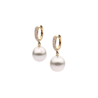 Autore South Sea Pearls set in 18kt yellow gold white diamond pave tapered huggies