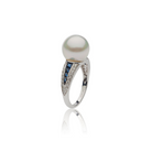 Autore Deco Ring featuring Blue Sapphires, White Diamonds and an Australian South Sea Pearl set on 18kt white gold