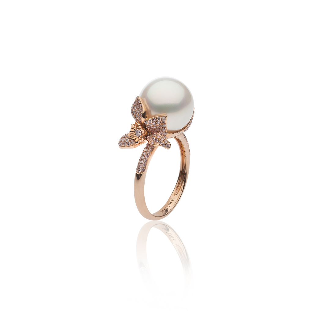 Autore Orchid Ring featuring an Australian South Sea Pearl, Pink Diamonds and white diamonds on 18kt rose gold