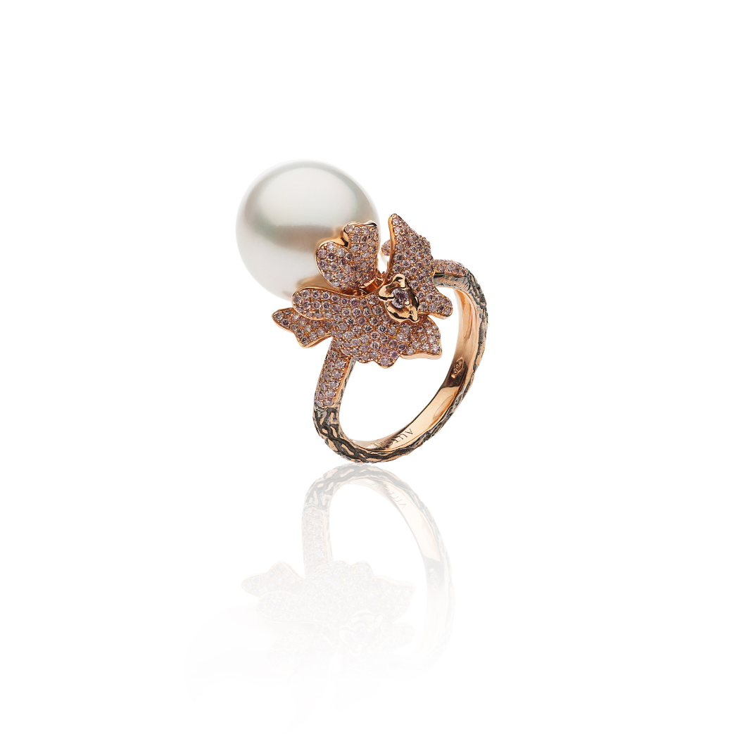 Autore Orchid Ring featuring pink diamonds and an Australian South Sea Pearl on 18kt pink gold