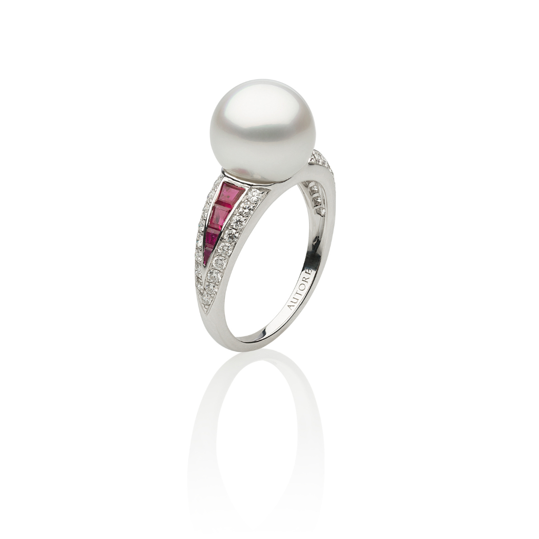 Autore Deco Ring featuring Rubies, White Diamonds and an Australian South Sea Pearl in 18kt white gold