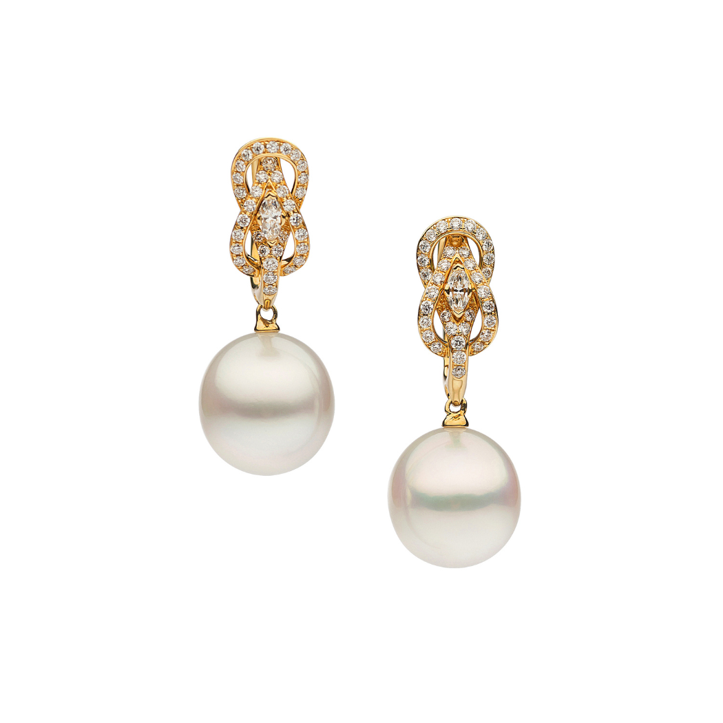 Autore Hercules Knot Earring featuring Australian South Sea Pearl and White Diamonds set in 18kt Yellow Gold