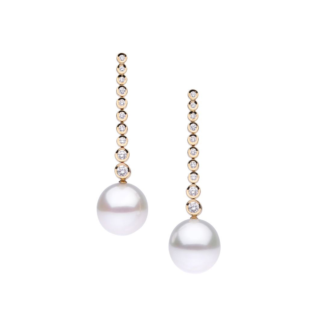 Autore Bezel Drop Earring featuring white diamonds and Australian South Sea Pearls in 18kt yellow gold