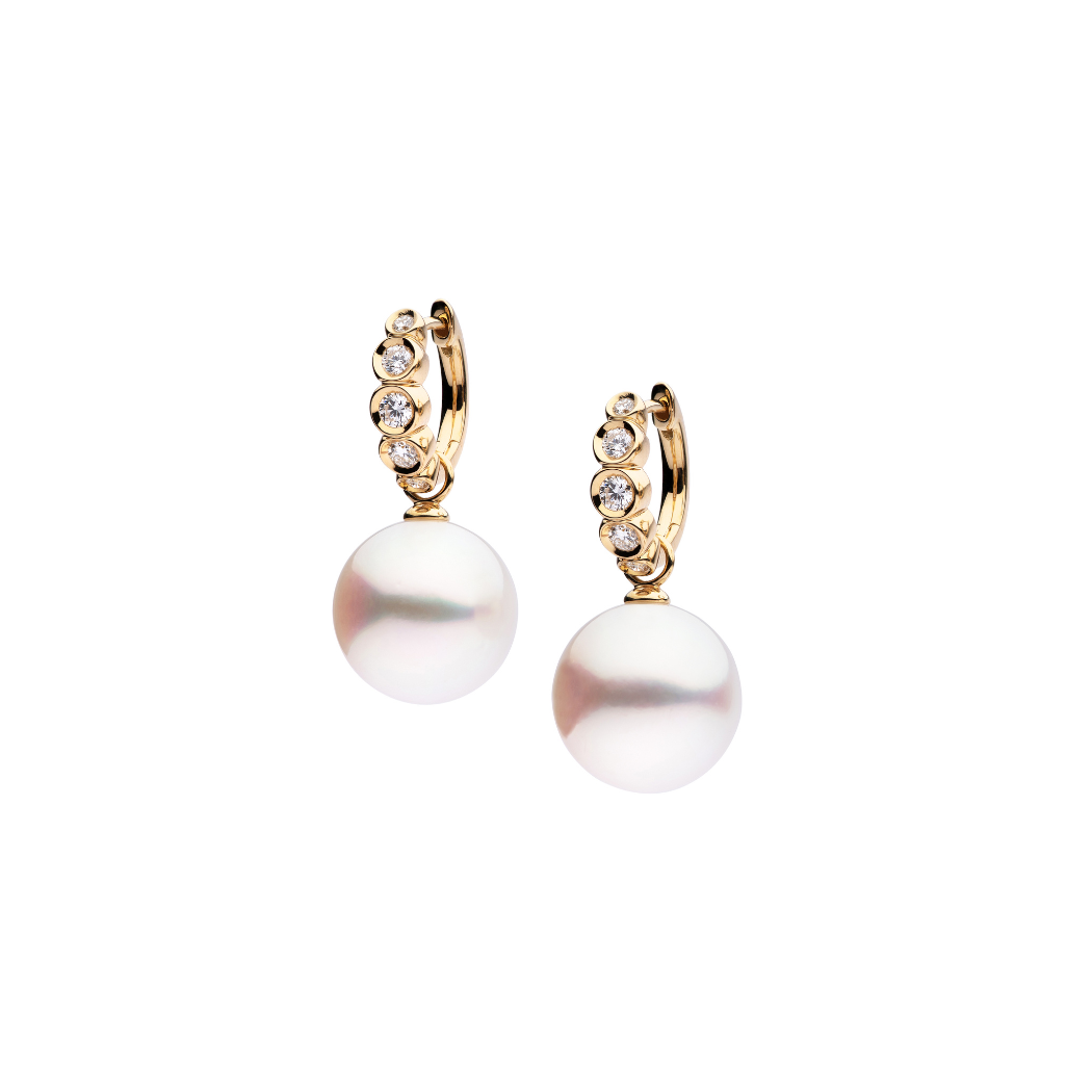 Autore Bezel Huggies in white diamond and Australian South Sea Pearl in 18kt yellow gold