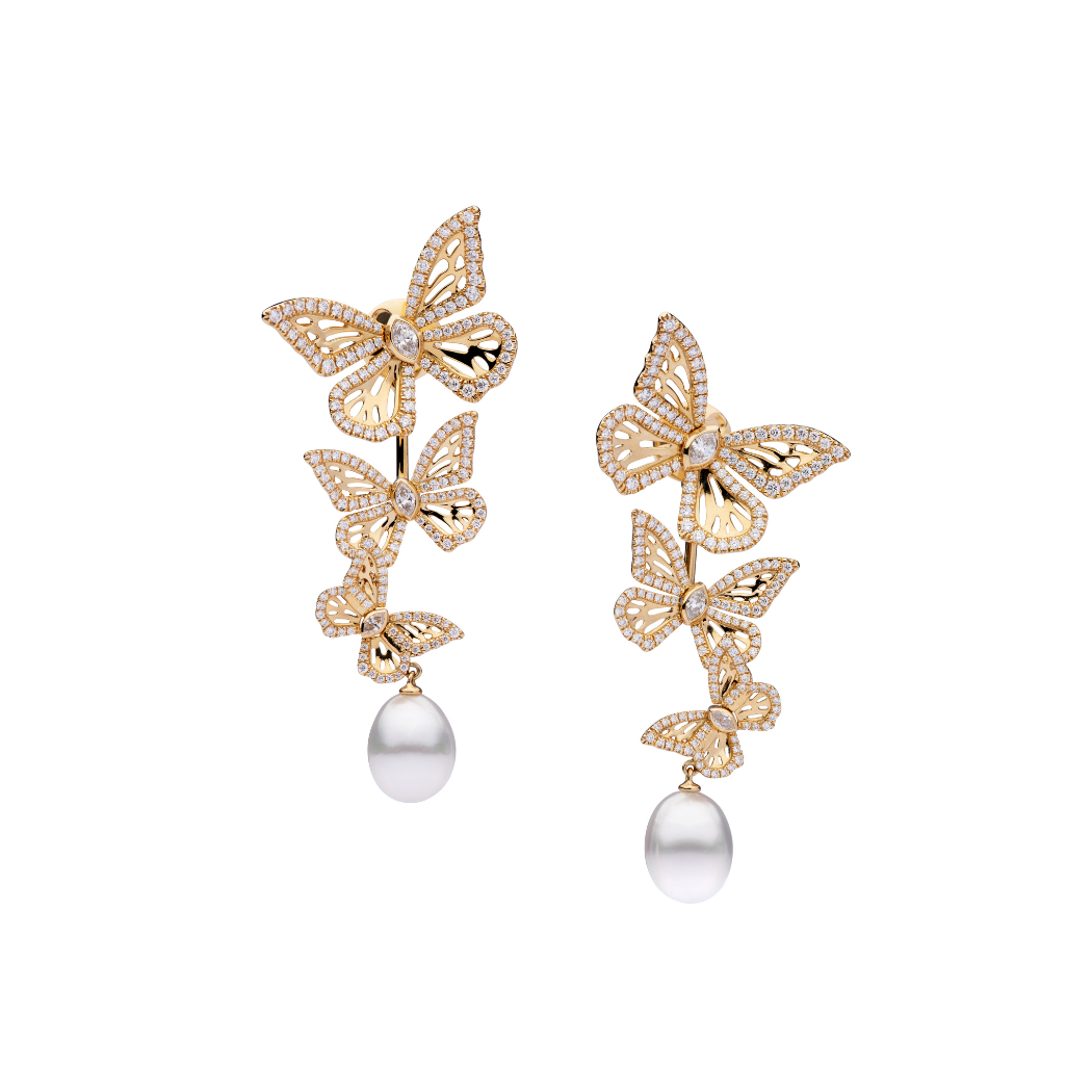 Autore Papillion Drop Earring featuring white diamonds and Australian South Sea Pearls on 18kt yellow gold