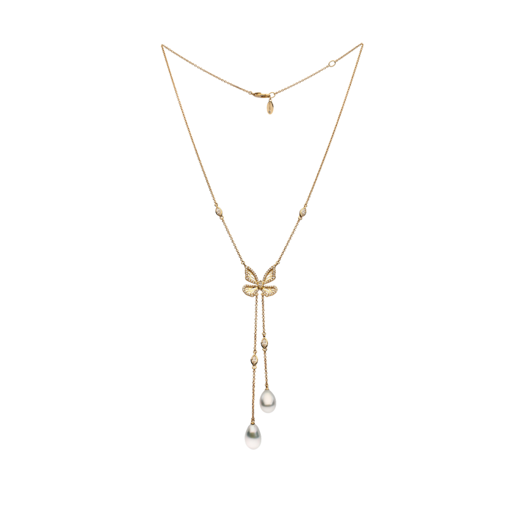 Autore Papillion Lariat Necklace with Australian South Sea Pearls and white diamonds set in 18kt yellow gold