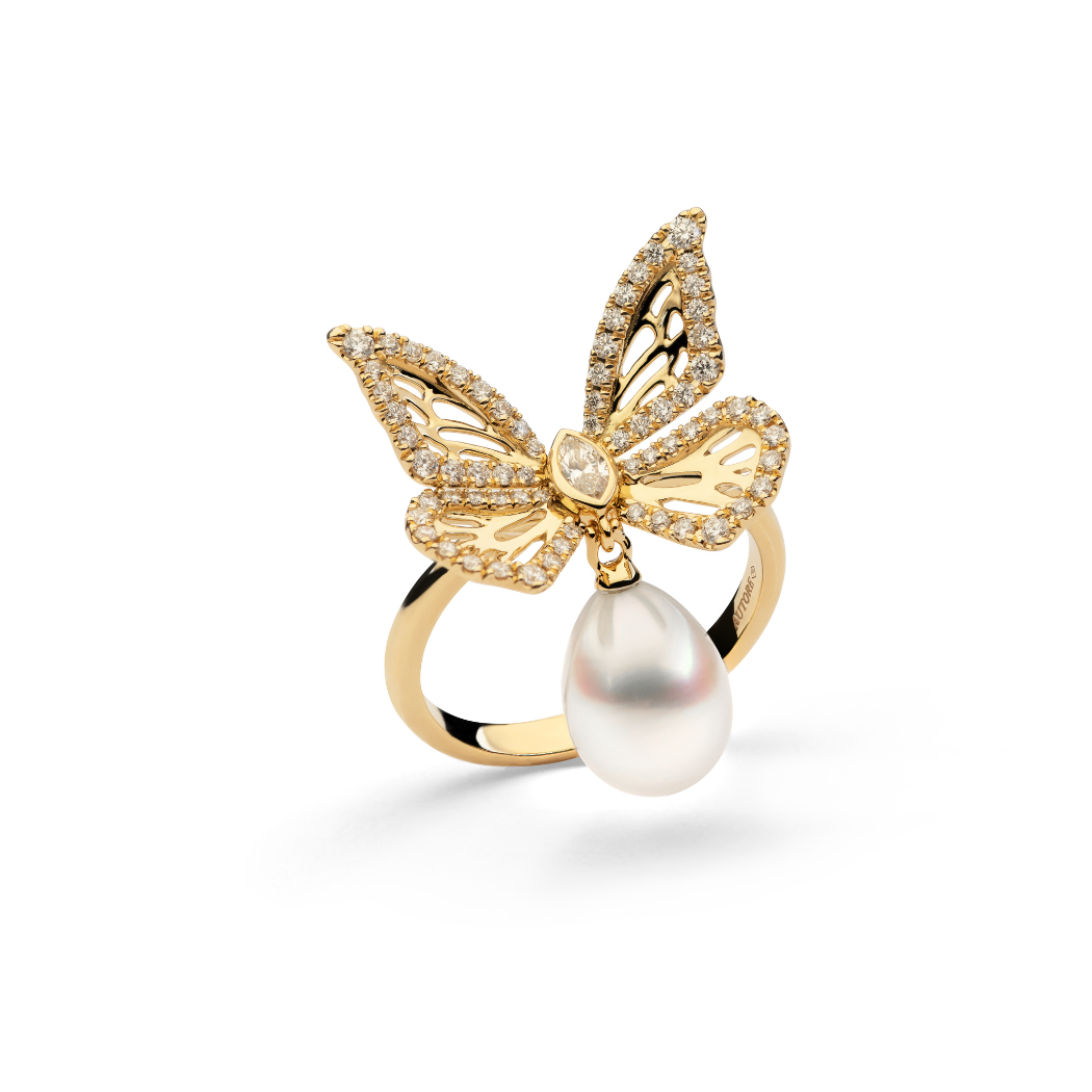 Autore Papillion Ring featuring an Australian South Sea Pearl with White Diamonds set in 18kt yellow gold