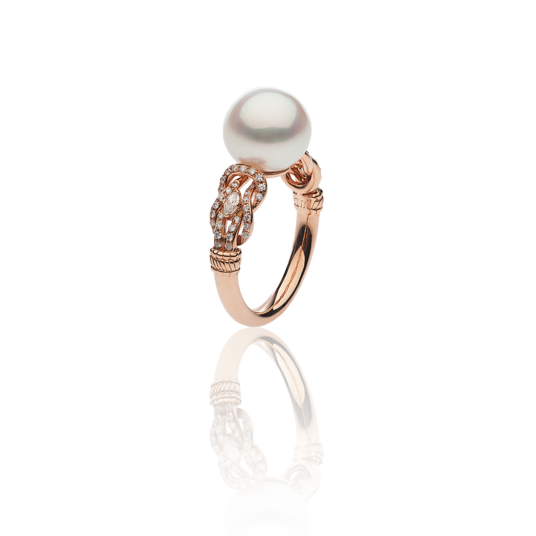 Autore Knot Ring featuring an Australian South Sea Pearl and White Diamonds set in 18kt rose gold