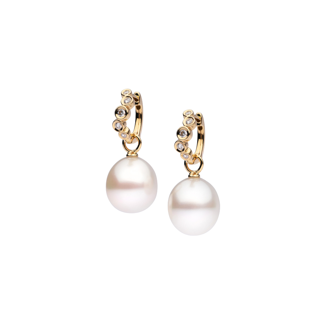 Autore Bezel Wave Huggie Earrings in white diamond and Australian South Sea Pearl set in 18kt yellow gold