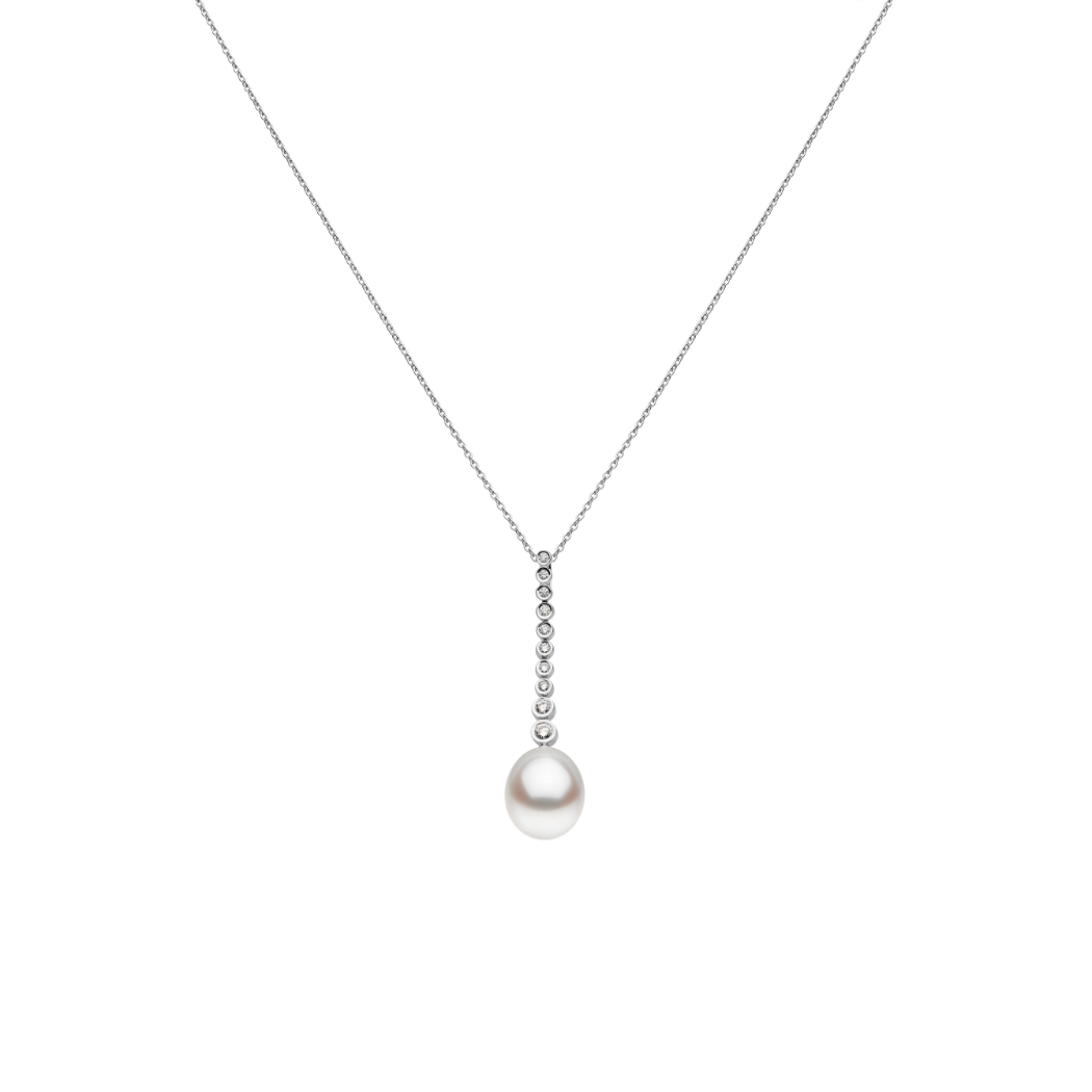 Autore Bezel Drop necklace featuring white diamonds and Australian South Sea Pearl on 18kt white gold